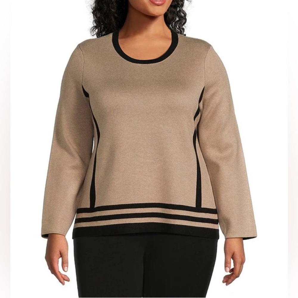 Investments Beige and Black Striped Novelty Border Long Sleeve Sweater‎ 2X